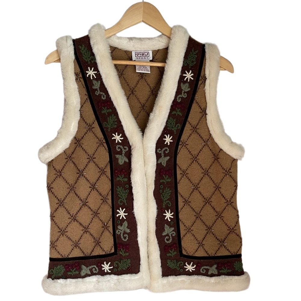 Vintage Wool Vest with Embroidery and Fussy Trim By PBJ Sport Size: M‎
